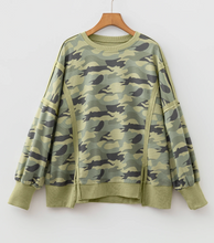 Load image into Gallery viewer, Pre-Order Green Camouflage Waffle Knit Raw Edge Contrast Trim Oversized Long Sleeve Top
