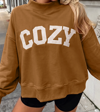 Load image into Gallery viewer, Pre-Order Chestnu COZY Embroidered Long Sleeve Stand Neck Shift Pullover Sweatshirt