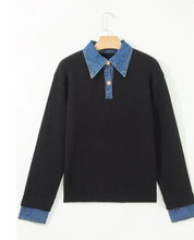 Load image into Gallery viewer, Pre-Order Black Denim Patchwork Collar Cuffed Casual Sweater