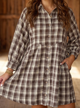 Load image into Gallery viewer, Pre-Order Brown Plaid Long Sleeve Short Shift Mini Dress