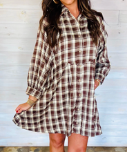 Load image into Gallery viewer, Pre-Order Brown Plaid Long Sleeve Short Shift Mini Dress