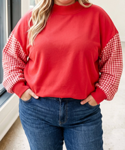 Load image into Gallery viewer, Pre-Order Fiery Red Plaid Sleeve Colorblock Loose Tunic Sweatshirt
