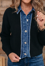 Load image into Gallery viewer, Pre-Order Black Drop Shoulder Placket Paneling Shirt Collar Long Sleeve Cardigan