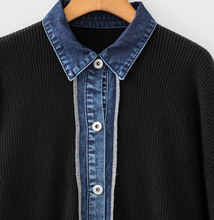Load image into Gallery viewer, Pre-Order Black Drop Shoulder Placket Paneling Shirt Collar Long Sleeve Cardigan