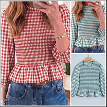Load image into Gallery viewer, Pre-Order 3/4 Sleeve Shirred Plaid Peplum Tops
