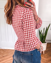 Load image into Gallery viewer, Pre-Order 3/4 Sleeve Shirred Plaid Peplum Tops