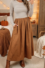 Load image into Gallery viewer, Pre-Order Brown Stripe Ribbed Knit Long Sleeve Bodice Contrast Patchwork Flared Dress