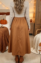 Load image into Gallery viewer, Pre-Order Brown Stripe Ribbed Knit Long Sleeve Bodice Contrast Patchwork Flared Dress