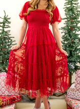 Load image into Gallery viewer, Pre-Order Fiery Red Tiered Tulle Smocked Bodice Puff Sleeve Dress
