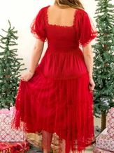 Load image into Gallery viewer, Pre-Order Fiery Red Tiered Tulle Smocked Bodice Puff Sleeve Dress