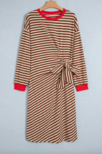 Load image into Gallery viewer, Pre-Order Brown Stripe Striped Colorblock Cuffs Round Neck Long Sleeve Shift Dress
