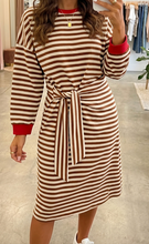 Load image into Gallery viewer, Pre-Order Brown Stripe Striped Colorblock Cuffs Round Neck Long Sleeve Shift Dress
