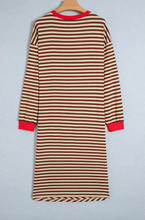 Load image into Gallery viewer, Pre-Order Brown Stripe Striped Colorblock Cuffs Round Neck Long Sleeve Shift Dress