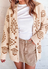 Load image into Gallery viewer, Pre-Order Oatmeal Fuzzy Aztec Print Open Knit Sweater Tunic Cardigan