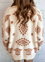 Load image into Gallery viewer, Pre-Order Oatmeal Fuzzy Aztec Print Open Knit Sweater Tunic Cardigan