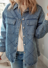 Load image into Gallery viewer, Pre-Order Stitched Pattern Button Pocketed Denim Jacket