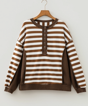 Load image into Gallery viewer, Pre-Order Brown Stripe Exposed Seam Color Block Patchwork Button Placket Sweatshirt