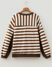 Load image into Gallery viewer, Pre-Order Brown Stripe Exposed Seam Color Block Patchwork Button Placket Sweatshirt