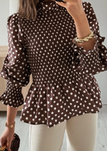 Load image into Gallery viewer, Pre-Order Brown Polka Dot Ruffled High Neck Shirred Ruffle Hem Blouse