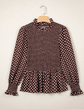 Load image into Gallery viewer, Pre-Order Brown Polka Dot Ruffled High Neck Shirred Ruffle Hem Blouse