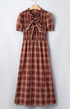 Load image into Gallery viewer, Pre-Order Red Vintage Plaid Knot Front Smocked High Waist Midi Dress
