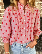 Load image into Gallery viewer, Pre-Order Fiery Red Polka Dot Striped Print Ruffle Stand Neck 3/4 Sleeve Shift Shirt