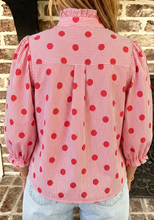 Load image into Gallery viewer, Pre-Order Fiery Red Polka Dot Striped Print Ruffle Stand Neck 3/4 Sleeve Shift Shirt