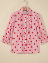 Load image into Gallery viewer, Pre-Order Fiery Red Polka Dot Striped Print Ruffle Stand Neck 3/4 Sleeve Shift Shirt