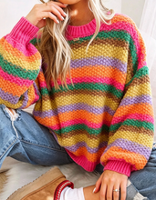 Load image into Gallery viewer, Pre-Order Rose Red Rainbow Striped Knit Round Neck Puff Sleeve Sweater