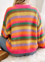 Load image into Gallery viewer, Pre-Order Rose Red Rainbow Striped Knit Round Neck Puff Sleeve Sweater