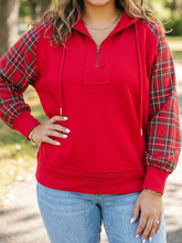 Load image into Gallery viewer, Pre-Order Fiery Red Plaid Sleeve Colorblock Zip-Up Shift Silhouette Ribbed Hem Plus Size Hoodie