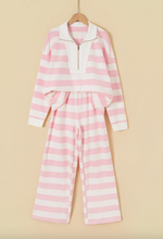 Load image into Gallery viewer, Pre-Order Pink Stripe Color Block Patchwork Zip Long Sleeve Top Elastic Waist Pants Set