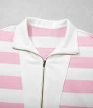 Load image into Gallery viewer, Pre-Order Pink Stripe Color Block Patchwork Zip Long Sleeve Top Elastic Waist Pants Set