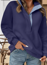Load image into Gallery viewer, Pre-Order Blue Drop Shoulder Metal Button Casual Pullover Sweatshirt