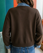Load image into Gallery viewer, Pre-Order Coffee Contrast Denim Collar Button Down Sweater Cardigan