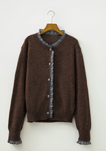 Load image into Gallery viewer, Pre-Order Coffee Plaid Ruffle Trim Patchwork Button Sweater Cardigan