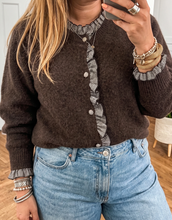 Load image into Gallery viewer, Pre-Order Coffee Plaid Ruffle Trim Patchwork Button Sweater Cardigan