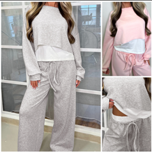 Load image into Gallery viewer, Pre-Order Color Contrast Overlay Long Sleeve Top Drawstring Loose Pant Sets