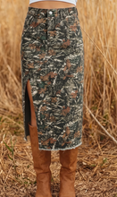 Load image into Gallery viewer, Pre-Order Brown Leopard Print Side Split Frayed Hem Denim Midi Skirt