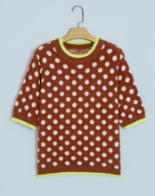 Load image into Gallery viewer, Pre-Order Coffee Polka Dot Contrast Trim Round Neck Half Sleeve Sweater