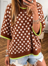 Load image into Gallery viewer, Pre-Order Coffee Polka Dot Contrast Trim Round Neck Half Sleeve Sweater