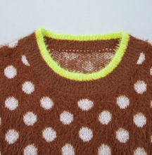 Load image into Gallery viewer, Pre-Order Coffee Polka Dot Contrast Trim Round Neck Half Sleeve Sweater