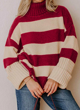 Load image into Gallery viewer, Pre-Order Red Stripe Ribbed Trim Mock Neck Relaxed Pullover Sweater