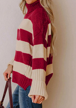 Load image into Gallery viewer, Pre-Order Red Stripe Ribbed Trim Mock Neck Relaxed Pullover Sweater
