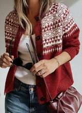 Load image into Gallery viewer, Pre-Order Red Geometric Print Button Front Long Sleeve Knitwear Cardigan