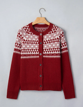 Load image into Gallery viewer, Pre-Order Red Geometric Print Button Front Long Sleeve Knitwear Cardigan