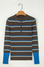 Load image into Gallery viewer, Pre-Order Chicory Coffee Ribbed Knit Contrast Cuff Henley Button Mock Neck Sweater