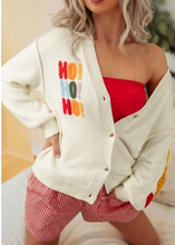Load image into Gallery viewer, Pre-Order White Ho Ho Ho Slogan V Neck Button Front Embroidered Knit Cardigan