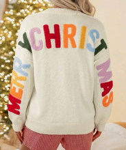 Load image into Gallery viewer, Pre-Order White Ho Ho Ho Slogan V Neck Button Front Embroidered Knit Cardigan