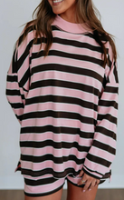 Load image into Gallery viewer, Pre-Order Pink Stripe Oversized Long Sleeve Top Elastic Waist Shorts Casual 2pcs Set